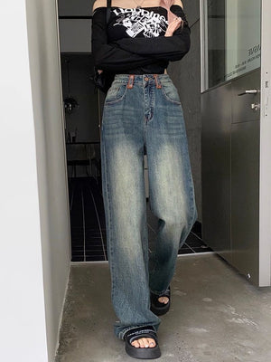 American Retro Straight-Leg Jeans for Women, 2025 Spring New High-Waisted Fashionable Versatile Loose Floor-Length Pants