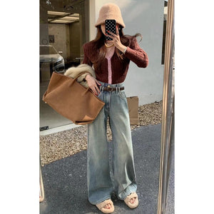 Light-Colored Wide-Leg Jeans for Women, High-Waisted and Drapey, 2025 Spring New Style, Fashionable, Simple, Loose, Slimming Straight-Leg Pants
