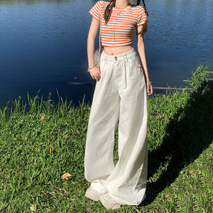 American Style White Wide Leg Jeans Women's 2025 Spring and Autumn New Double Buckle High Waist Loose Straight Slim-fit Mop Pants