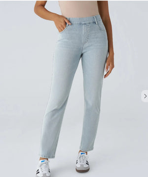 3886 Cross-Border New High-Waisted Straight-Leg Whiskered Yoga Jeans Slimming Breathable Loose Fitness Casual Pants