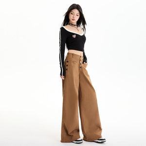 Spring 2025 New Multi-button Pocket Design Wide-leg Workwear Casual Pants Women's High Waist Loose Slimming Pants