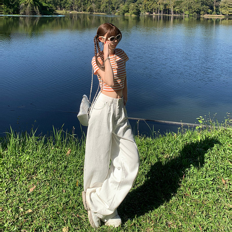American Style White Wide Leg Jeans Women's 2025 Spring and Autumn New Double Buckle High Waist Loose Straight Slim-fit Mop Pants