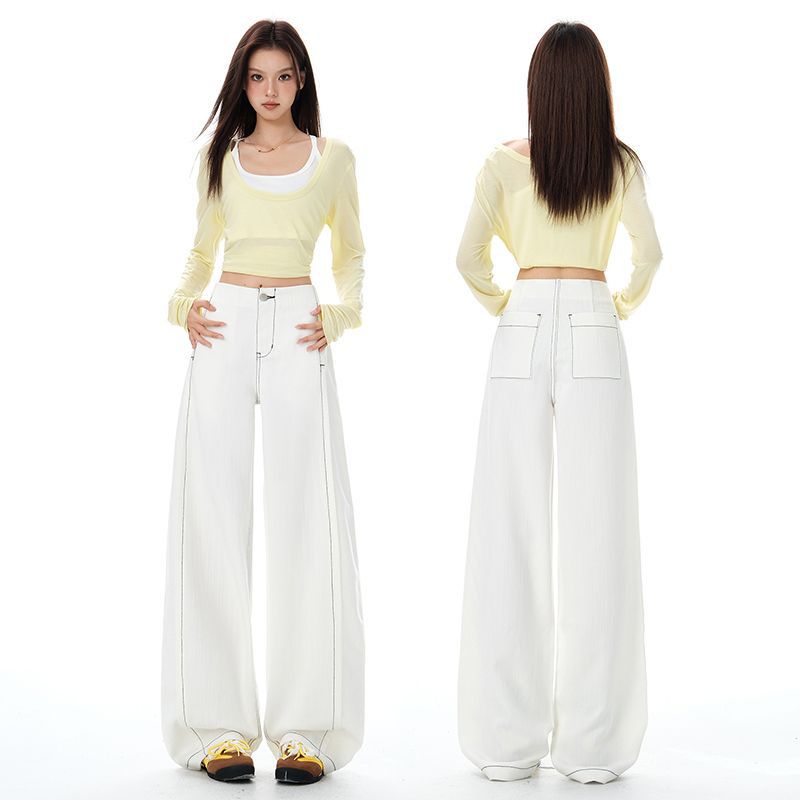 2025 Autumn and Winter New Textured Wide-Leg Jeans for Women, Loose and Drapey, Lazy and Slimming Straight-Leg Floor-Length Pants