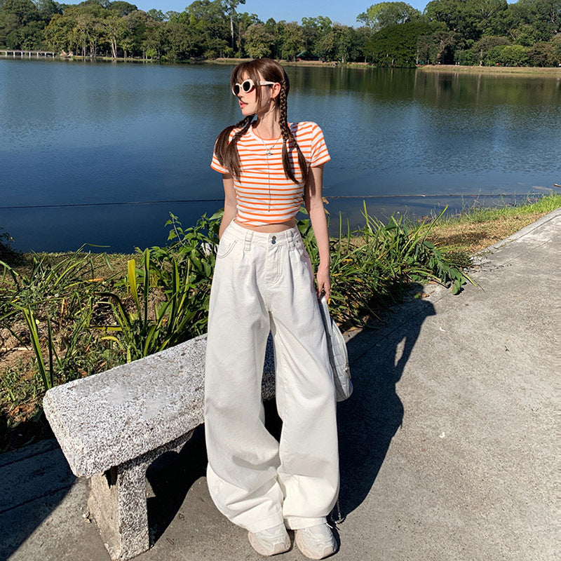 American Style White Wide Leg Jeans Women's 2025 Spring and Autumn New Double Buckle High Waist Loose Straight Slim-fit Mop Pants
