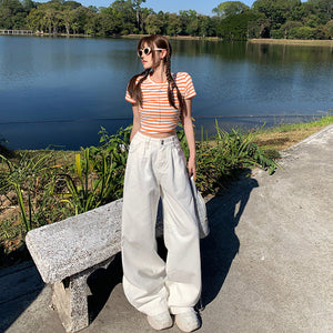 American Style White Wide Leg Jeans Women's 2025 Spring and Autumn New Double Buckle High Waist Loose Straight Slim-fit Mop Pants