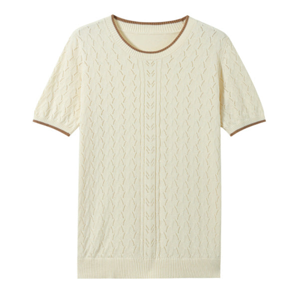 Summer New Women's Knitted Knitwears Short-Sleeved Cotton Round Neck Cut Out Air Quality Knitted T-Shirts Contrasting Tops Wholesale