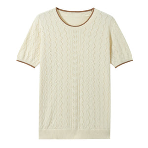 Summer New Women's Knitted Knitwears Short-Sleeved Cotton Round Neck Cut Out Air Quality Knitted T-Shirts Contrasting Tops Wholesale