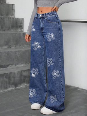 European and American Cross-Border Women's Jeans 25 Autumn New Floral Rhinestone Loose Straight-Leg Pants Jeans Trendy Brand