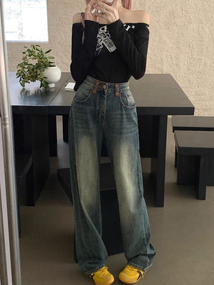American Retro Straight-Leg Jeans for Women, 2025 Spring New High-Waisted Fashionable Versatile Loose Floor-Length Pants