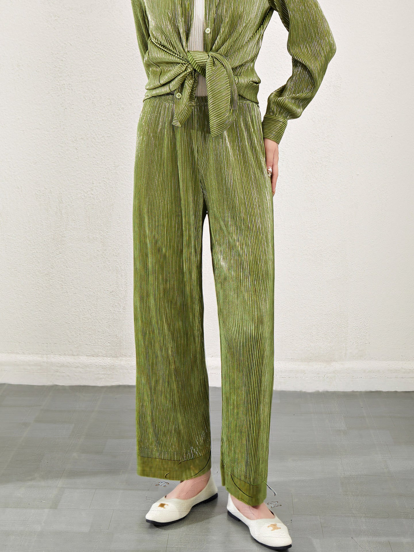 European and American High Waist Slimming All-match Bronzing Pleated Wide Leg Pants Women's Autumn New Loose Vertical Straight Casual Pants