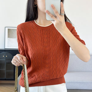 Summer New Women's Knitted Knitwears Short-Sleeved Cotton Round Neck Cut Out Air Quality Knitted T-Shirts Contrasting Tops Wholesale