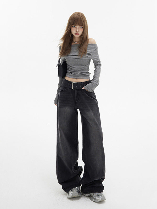 American Style High Waist Wide Leg Jeans Women's Autumn and Winter New Waist Belt Adjusting Wide Leg Pants Fashionable Trendy Trendy Trousers