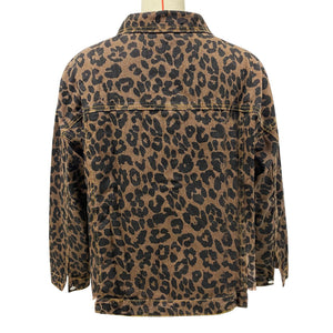 2025 Spring and Autumn New European and American Cross-Border Leopard Print Denim Tops Women's Retro Distressed Motorcycle Work Tops Top