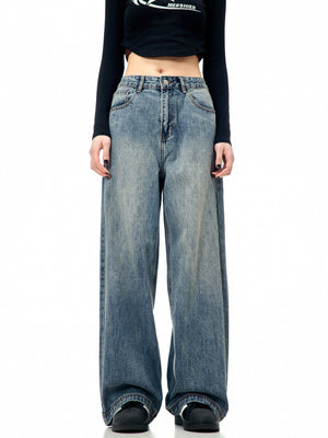 11Kn American Retro Blue Straight-Leg Jeans for Men and Women, Loose and Versatile, Trendy and Simple Cleanfit Casual Wide-Leg Pants