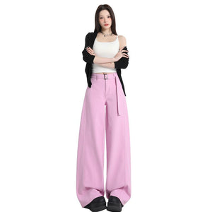 Belt Design Fashionable Wide-Leg Jeans for Women 2025 Summer and Autumn New High-Waist Slim Straight Casual Pants for Women