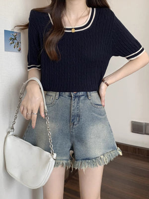 Cross-Border Knitted Short-Sleeved Spring and Summer New Design Niche Color Matching European and American Style Round Neck Women's Simple Tops
