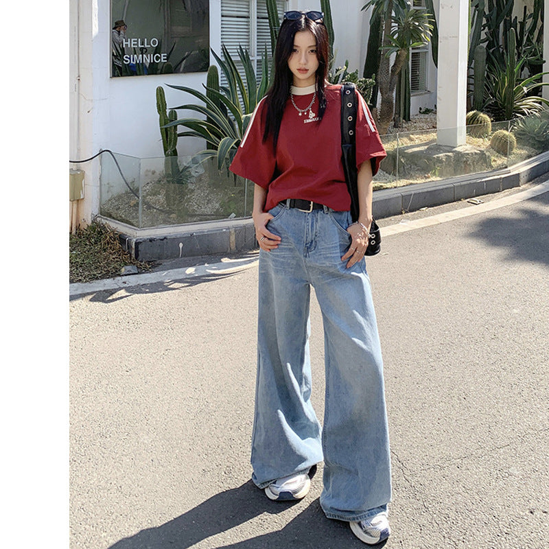 Retro Washed Wide-Leg Jeans for Women 2025 Summer New American Light-Colored Loose Straight Draped Floor-Length Pants
